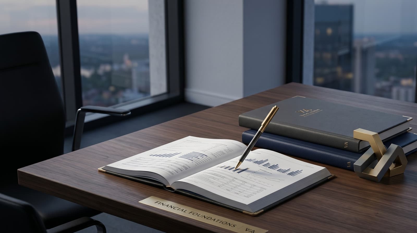 Open ledger and bound financial records on a desk at dusk