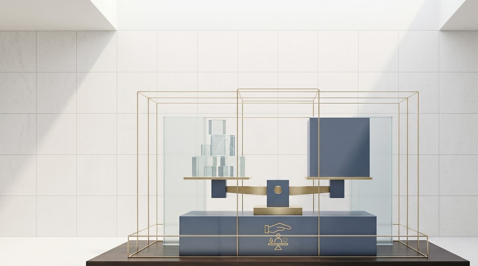 Brass scale in equilibrium within a contemporary glass vitrine