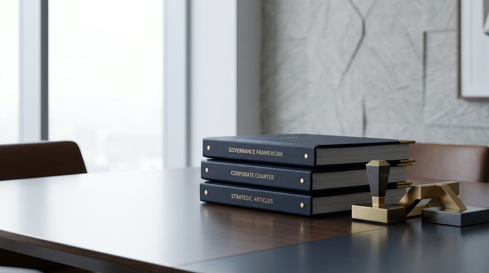 Bound corporate records on a boardroom table