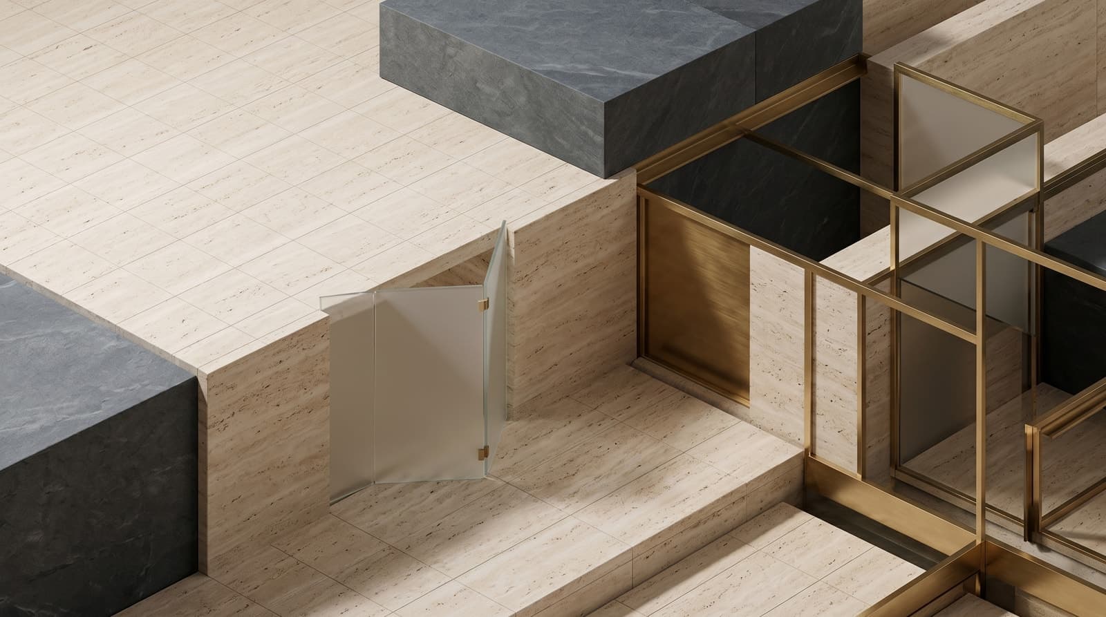 Architectural composition in travertine, stone, and brass